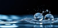Transparent water drops bouncing on rippling liquid surface with splashes against dark background, macro photography capturing fluid dynamics in blue tones.
