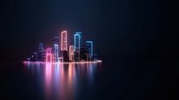 Futuristic night cityscape with glowing neon skyscrapers reflected in calm water, featuring vibrant pink and blue lights against dark background.