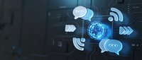 Global digital communication network with glowing connectivity icons and data sphere in modern tech environment for business presentations.