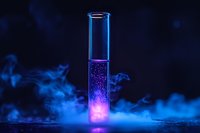Glowing test tube with purple luminescent liquid and blue smoke on dark background creates mysterious scientific atmosphere for research concepts.