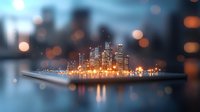 Modern city skyline emerging from smartphone screen with glowing lights and bokeh effect, reflecting on water surface in evening atmosphere. Digital urban concept.