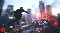 Silhouette of businessman leaping across urban cityscape with glowing 2026 numbers against blurred skyscrapers background in dramatic lighting and bokeh effects.