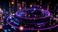 Futuristic circular technology interface with glowing purple and blue neon lights against dark background, surrounded by bokeh light effects and digital elements.