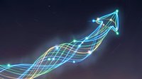Glowing neon arrow with grid pattern showing upward growth trend on dark background for business success and financial progress presentations.