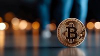 Golden cryptocurrency coin on dark reflective surface with blurred bokeh lights in background, modern financial technology concept with dramatic lighting.
