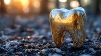 Golden metallic tooth on dark soil ground with sunset bokeh background, dental care concept for medical and healthcare presentations.