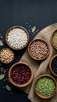 Assorted legumes and beans in wooden bowls on dark background with burlap sack for healthy cooking and nutrition concepts.