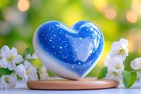 Decorative blue and white heart with starry pattern displayed on wooden stand among white spring flowers against soft bokeh background. For romantic designs.