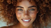 Young mixed race woman with bright blue eyes, natural freckles, and curly ginger hair smiling warmly at camera, showcasing natural beauty and authentic expression.