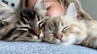 Woman cuddling with two sleeping kittens, one tabby and one cream colored, on soft blue blanket, showing affection and companionship between pets and owner.