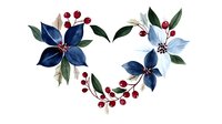 Elegant floral composition with navy blue and light blue flowers, green leaves and red berries in watercolor style on white background, ready for design use.