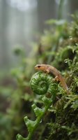 Small orange salamander resting on curled green fern frond in natural forest habitat with soft bokeh background creating peaceful wildlife scene.