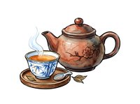 Traditional teapot with steaming cup on wooden coaster, featuring Asian-inspired ceramic design with floral motifs. Isolated artwork suitable for tea packaging, menus, and beverage branding.