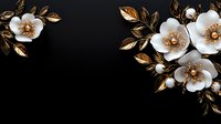 White porcelain flowers with golden metallic leaves and centers arranged on black background create elegant floral composition for luxury design projects.