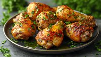 Juicy roasted chicken thighs with golden crispy skin, garnished with fresh herbs and served on dark plate. Close up view of homemade poultry dish.