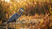 Great blue heron standing in shallow water during golden hour with warm autumn foliage and soft bokeh background for nature and wildlife photography.