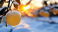 Fresh yellow apple covered in snow on tree branch against golden winter sunset with bokeh lights in background, creating magical seasonal atmosphere.