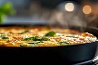 Golden baked casserole with fresh herbs in cast iron skillet, warm kitchen lighting creates cozy homemade comfort food atmosphere for culinary content.