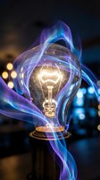 Glowing light bulb surrounded by colorful energy waves and electric plasma effects against dark background with bokeh lights for creative concepts.