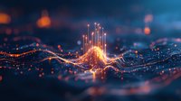 Abstract digital wave with glowing orange light streams and particles flowing through dark blue background, representing data visualization and technology.