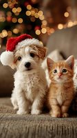 Adorable puppy wearing Santa hat sits beside orange kitten with Christmas tree bokeh lights creating warm festive holiday atmosphere for seasonal greeting cards.