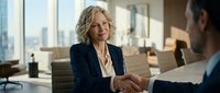 Professional mature businesswoman shaking hands with colleague in modern office setting during successful meeting or partnership agreement.