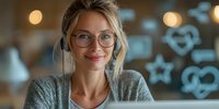 Young blonde Caucasian woman with glasses smiling at camera in modern office workspace with warm lighting and blurred background for business content.