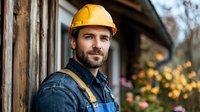 Confident male construction worker in yellow hard hat and denim shirt standing at wooden building site with warm lighting and blurred background.