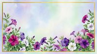 Watercolor floral border with purple, pink and white petunias on soft gradient background for spring greeting cards and wedding invitations.