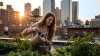 Young woman watering plants on urban rooftop garden at sunset with city skyline background. Sustainable living and urban gardening concept.