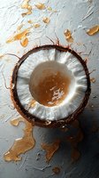 Fresh coconut half with splashing milk and caramel sauce on textured gray surface, dramatic lighting creates contrast between white flesh and golden liquid.