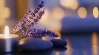 Calming lavender sprigs with zen stones and glowing candle on reflective surface against soft bokeh background, creating peaceful spa atmosphere.