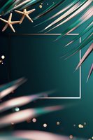 Tropical summer frame with starfish and palm leaves on dark emerald background with golden bokeh lights and white border for copy space.