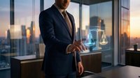 Professional businessman in suit using holographic legal scales interface in modern office with city skyline at sunset for corporate law technology concepts.