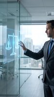 Professional businessman using digital justice scale interface in modern office for legal technology and law firm innovation.