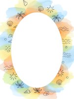 Watercolor summer frame with seashells, palm trees, sun and waves in pastel colors. Oval white space for text or photos. Tropical vacation border design.