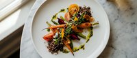 Gourmet vegetarian salad with roasted vegetables, microgreens and quinoa on white plate. Healthy organic meal for restaurant menu and culinary photography.