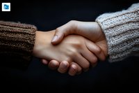 Close-up of handshake between two people wearing knitted sweaters against dark background, symbolizing trust, agreement, and partnership in business or personal relations.