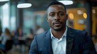 Professional African American businessman in suit standing confidently in modern office environment with blurred colleagues working in background.