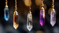Mystical crystal pendants with gold chains hanging against dark background, featuring amethyst, citrine and quartz points with ethereal bokeh lighting effects.