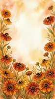 Watercolor autumn flowers frame with orange and yellow blooms creating decorative border on warm textured background for seasonal greeting cards.