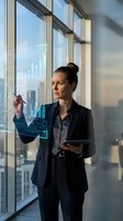Professional businesswoman analyzing holographic financial data charts in modern office with city skyline view through large windows.