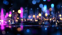 Modern cityscape silhouette with vibrant bokeh lights reflecting on water surface, featuring neon pink and electric blue glowing orbs creating dreamy urban nightscape atmosphere.