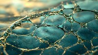 Macro view of teal and gold bubble pattern with organic cellular structure, creating abstract natural texture for luxury backgrounds.