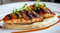 Grilled salmon fillets with crispy charred marks served on creamy cauliflower puree, garnished with fresh microgreens and drizzled with caramelized sauce.