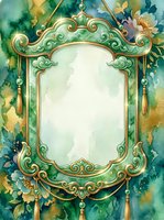 Ornate green and gold decorative frame with baroque scrollwork and hanging tassels isolated on watercolor floral background, ready for design projects.