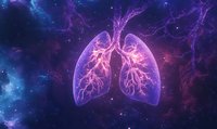Glowing translucent lungs with branching bronchi against cosmic space background with purple and blue nebula clouds and stars. Medical science visualization.