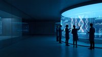 Scientists and researchers examining DNA helix data visualization on digital display screens in modern laboratory environment for genetic research, biotechnology, and scientific analysis projects.