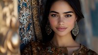 Young woman with dark hair wearing ornate silver earrings and embroidered brown dress poses against decorative patterned background in soft natural lighting.
