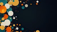 Abstract composition with scattered orange, white and teal circles on dark background, creating dynamic pattern with floating bubble shapes and dots.